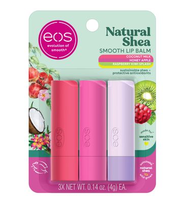eos Natural Shea Lip Balm, Honey Apple, Coconut Milk &amp; Raspberry Kiwi Splash, All-Day Moisture, Lip Care Products, 0.14 oz, 3-Pack