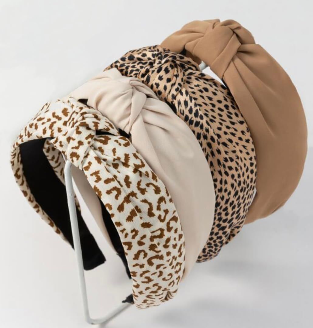 Knotted Fashion Hairbands and Hair Hoops Non-Slip Top Knot Headbands with Leopard Print for Women and Girls - 4PCS Beige Brown Hair Accessories Set