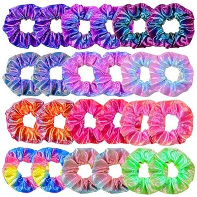 24Pcs Hair Scrunchies for Girls Shiny Metallic Scrunchies Cute Elastic Hair Bands Scrunchy Hair Ties Ponytail Holder for Girls Women Hair Accessories with a Gift Bag for Gym Dance Party Club