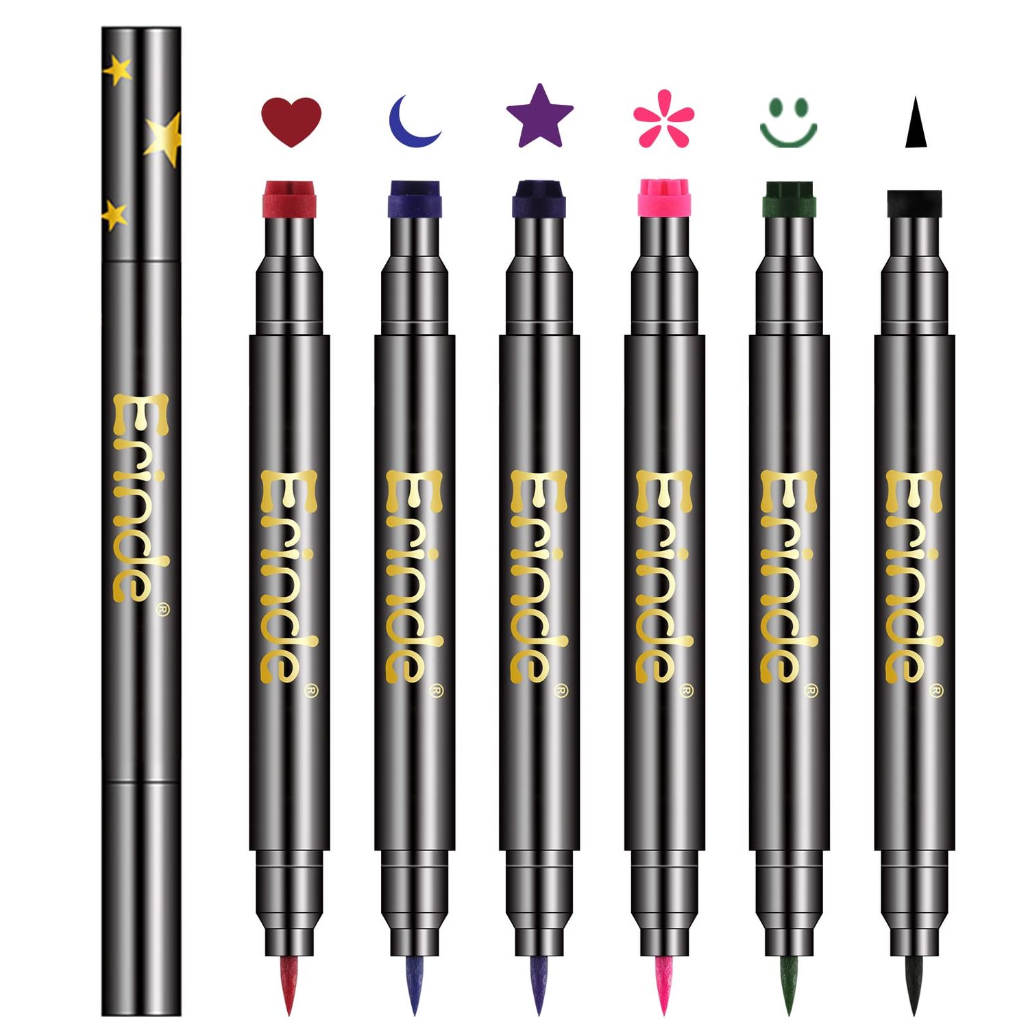 Erinde 6 Colors Double-headed Liquid Eyeliner Stamp Pen Set, Blue Red Pink Purple Green Black Colorful Winged Eye Liners for Women, Waterproof Long-Lasting Star Moon Heart Halloween Eye Face Makeup