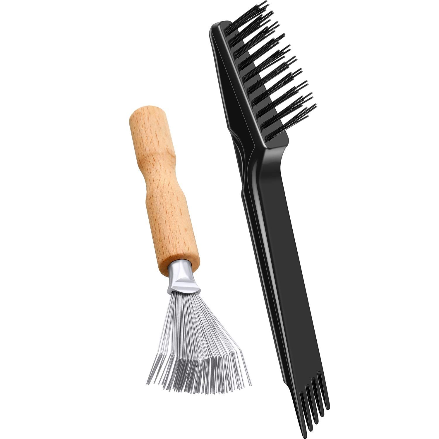 2 Pieces Hair Brush Cleaning Tools - Mini Comb Cleaner Rake with Wooden Handle for Removing Hair Dust at Home and Salon (Black)