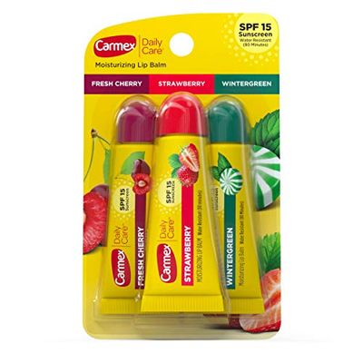 Carmex Daily Care Moisturizing Lip Balm Pack, Lip Balm With Sunscreen in Fresh Cherry, Strawberry and Wintergreen -0.35 Ounce (Pack of 3)