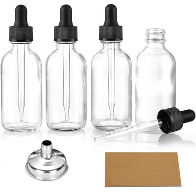 Set of 4, 1 oz Clear Eye Dropper Bottles with 1 Stainless Steel Funnels &amp; 4 Labels - Black Caps 30ml Thick Glass Tincture Bottles - Leakproof Essential Oils Bottles for Health, Personal Care &amp; Beauty