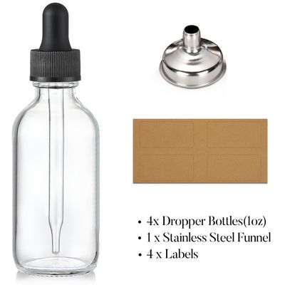 Set of 4, 1 oz Clear Eye Dropper Bottles with 1 Stainless Steel Funnels &amp; 4 Labels - Black Caps 30ml Thick Glass Tincture Bottles - Leakproof Essential Oils Bottles for Health, Personal Care &amp; Beauty