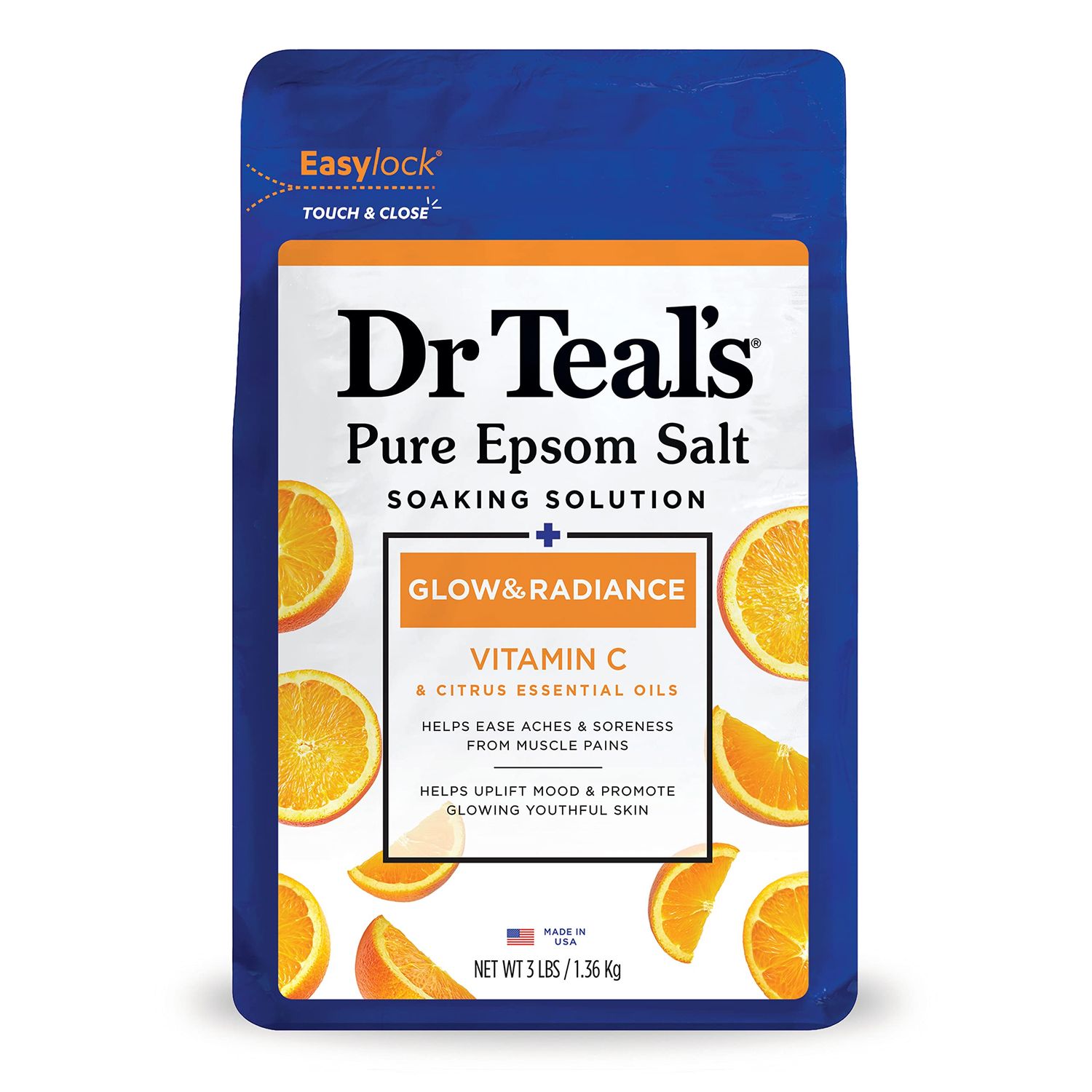 Dr Teal&#39;s Pure Epsom Magnesium Salt Soak, Glow &amp; Radiance with Vitamin C &amp; Citrus Essential Oils, 3 lbs