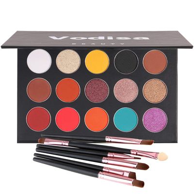 Vodisa Colorful Eyeshadow Palette Matte Shimmer High Pigmented Eyeshadow Pallet 15 Colors Makeup Nudes Natural Long Lasting Waterproof Eye Shadow with Make Up Brushes Set (Black)