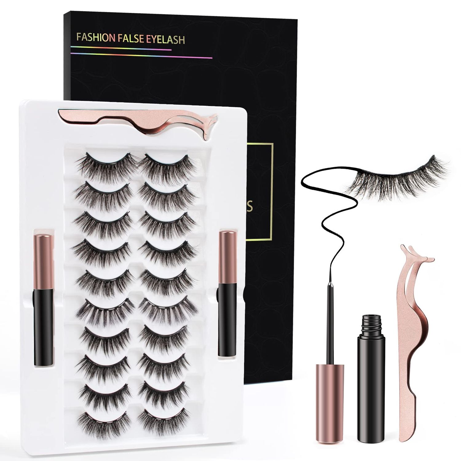 Magnetic Eyelashes Kit, Magnetic Lashes Natural Look, 3D Reusable Magnetic Eyelashes with Eyeliner, False Eyelashes with 2 Tubes of Eyeliner &amp; Tweezers - Easy to Use