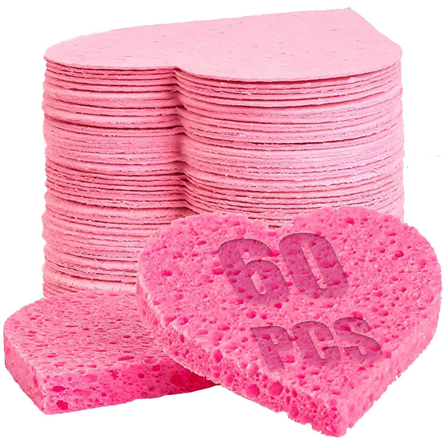 60-Count Compressed Facial Sponges | Makeup Remover Sponges | 100% Natural Cosmetic Spa Sponges for Facial Cleansing | Exfoliating Mask | Face Scrubber | (Heart)