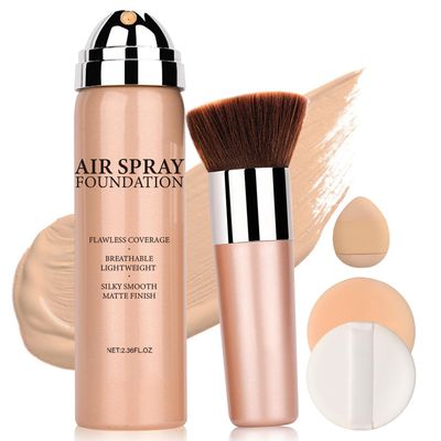 QIUFSSE AirBrush Flawless Setting Spray Breathable Blendable Foundation Full Coverage,Moisturizing Waterproof Foundation for Mature Skin,Silky Foundation with Brush and 2 Powder Puffs (02 Beige)