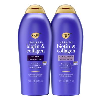 OGX Thick &amp; Full  Biotin &amp; Collagen Extra Strength Volumizing Shampoo  Conditioner with Vitamin B7 &amp; Hydrolyzed Wheat Protein for Fine Hair, 25.4 oz Pack of 2