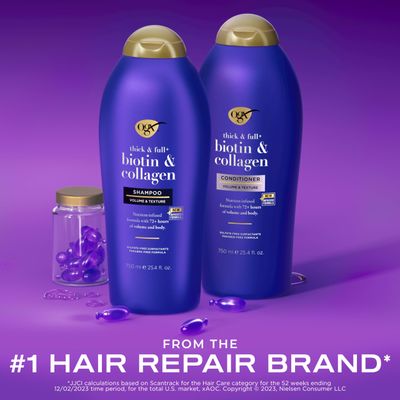 OGX Thick &amp; Full  Biotin &amp; Collagen Extra Strength Volumizing Shampoo  Conditioner with Vitamin B7 &amp; Hydrolyzed Wheat Protein for Fine Hair, 25.4 oz Pack of 2