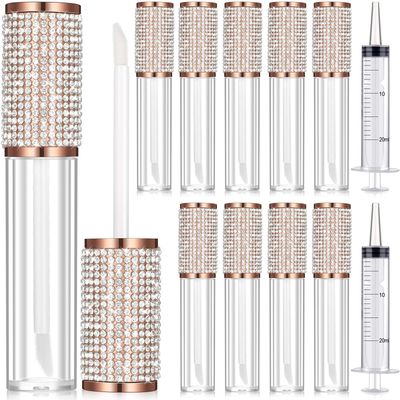 Maitys 12 Pieces Crystal Rhinestone Lip Gloss Wand Tubes Include 10 Pieces 5 ml Empty Lip Gloss Lip Balm Bottles with Rubber Stoppers and 2 Pieces 20 ml Plastic Syringe for Cosmetic (Rose Gold)