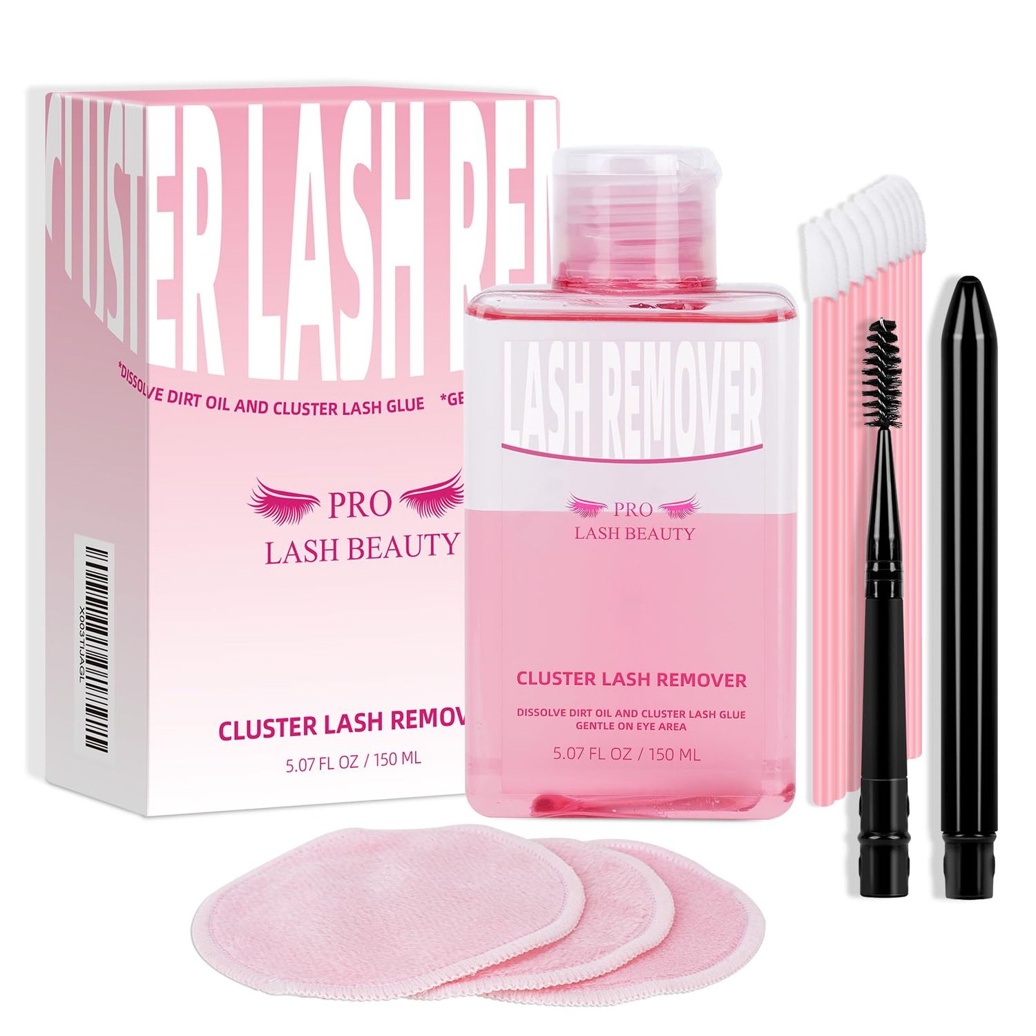 Lash Glue Remover for Lash Clusters 150ML Adhesive Remover with 3 Reusable Cleansing Eco Pads 1 Eyelash Brush DIY Lash Extension Remover Eye Cleanser Quick removal of Lashes Gentle Soothing