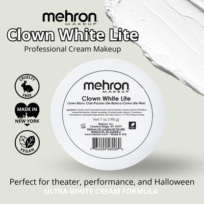Mehron Makeup Clown White Lite | Professional Face Paint &amp; Body Paint | White Cream Makeup, White Face Paint Makeup for Clown Makeup, Stage, Film, Cosplay, Mime, &amp; Halloween 7 oz (198 g)