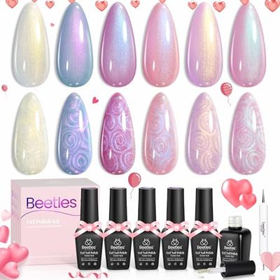 Beetles Pearl Gel Nail Polish, 6 Colors Shimmer Pearl White Pink Purple Mermaid Nail Drawing Gel Polish Soak Off Uv Gel Polish Swirl Shell Thread Effect DIY Manicure Valentine&#39;s Day Gift for Women