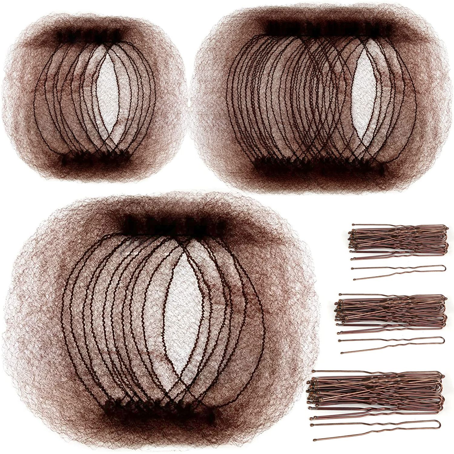 Teenitor Hair Accessories Hair Net Set, Includes 40pcs Invisible Hair Nets for Ballet Recital &amp; 80pcs Bobby Pins for Bun Maker, Brown, 3 Size