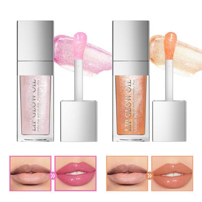 FYEBOO Magic Color Changing Lip Oil Moisturizing Lip Glow Oil, Big Brush Plumping Glimmer Lip Gloss, Long Lasting &amp; Nourishing Lip Glow Oil Non-sticky Fresh Texture Lip Gloss Lip Tint (2 Colors)