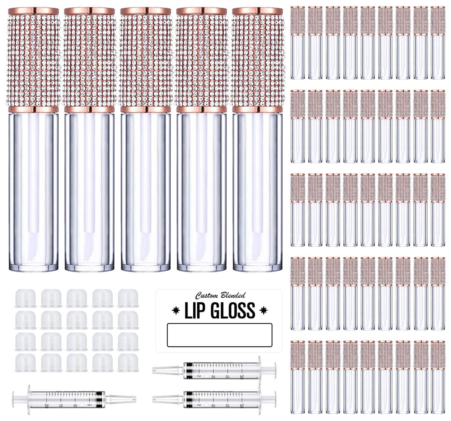 AMORIX 50 Pack Crystal Rhinestone Lip Gloss Tubes with Wand 5ml Empty Lip Gloss Containers Cute Lipgloss Bottles Lip Gloss Supplies Kit  3pcs Syringes  Labels for DIY Lip Gloss Base