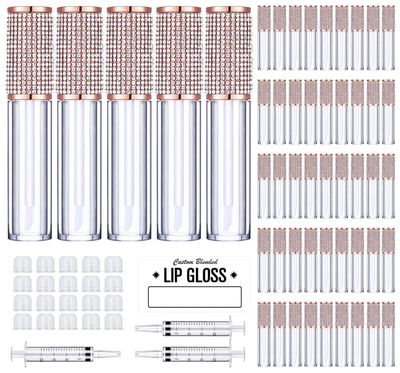 AMORIX 50 Pack Crystal Rhinestone Lip Gloss Tubes with Wand 5ml Empty Lip Gloss Containers Cute Lipgloss Bottles Lip Gloss Supplies Kit  3pcs Syringes  Labels for DIY Lip Gloss Base