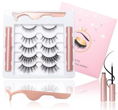 Magnetic Eyelashes Kit - 5 Pairs 3D 5D Reusable Lashes, 2 Tubes Magnetic Eyeliner, 1 Tweezers (5 pairs of diverse styles)