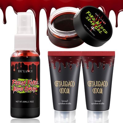 Halloween Fake Blood Makeup Kit Essentials-4pcs, SFX Washable Realistic Fake BloodScary Vampire Zombie Fake Blood Kit for ClothesNon-ToxicEasy to RemoveSpecial Effects Blood
