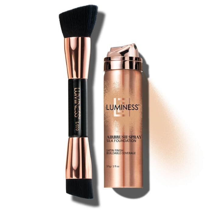 LUMINESS Silk Airbrush Spray Foundation &amp; Buffing Brush Kit - Full Coverage Foundation &amp; Dual-Sided Buffing Brush - Buildable Coverage, Anti-Aging Formula Hydrates &amp; Moisturizes (Shade - Fair)
