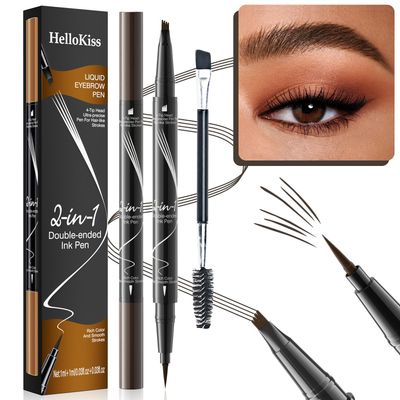 2 Pcs Eyebrow Pen, 2024 New 2-in-1 Dual-Ended Eye Brow Pencils, Waterproof Microblading Eyebrow Pencil Set with Eyebrow Brush- 4 Tip Microblade Contouring Pen, Natural Long-Lasting (Dark Brown2)