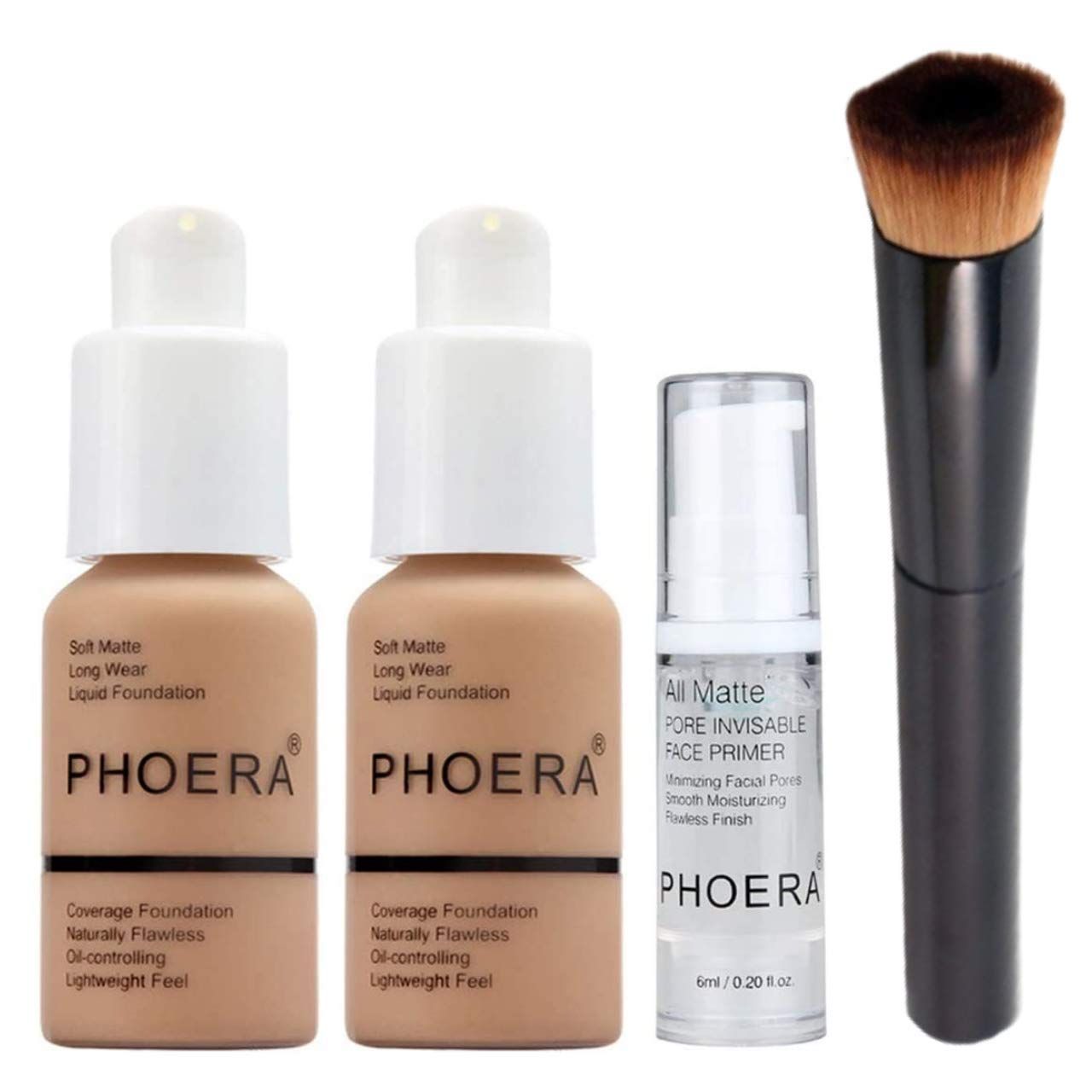 Phoera Foundation Full Coverage Makeup Set - Includes x2 Buff Beige 30ml Matte Foundation, 6ml Face Primer &amp; Liquid Foundation Brush for Easy Application