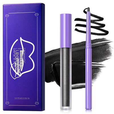 WENJLYJ 2 PCS Black Matte Lip Liner and Liquid Lipstick Makeup Set,Waterproof Matte Lip Gloss Lipstick Set,High Pigmented &amp; Non-Sticky Velvet Lipgloss Halloween Gothic Cosplay Makeup Set