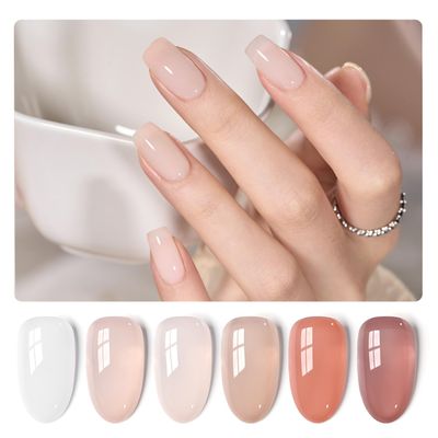 GAOY Milky Jelly Nude Gel Nail Polish Set, 6 Transparent Colors Sheer White Pink Soak Off UV Light Cure Gel Polish Kit for Salon and Nail Art DIY at Home