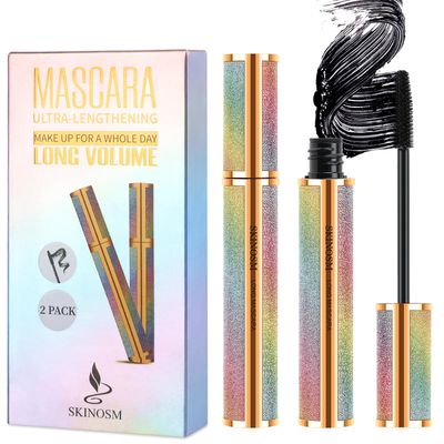2 Pack Mascara Black Volume and Length Lasting All Day, 4D Silk Fiber Lash Mascara, Waterproof Mascara Lengthening No Clumping, No Smudging &amp; Easy to Remove