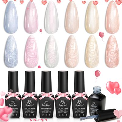 Beetles Pearl Gel Nail Polish, 6 Colors Pastel Pink White Orange Blue Colors Gel Polish Shimmer Mermaid Nail Polish Shell Swirl Thread Effect Glitter Soak Off UV LED Valentines Day Gifts for Women