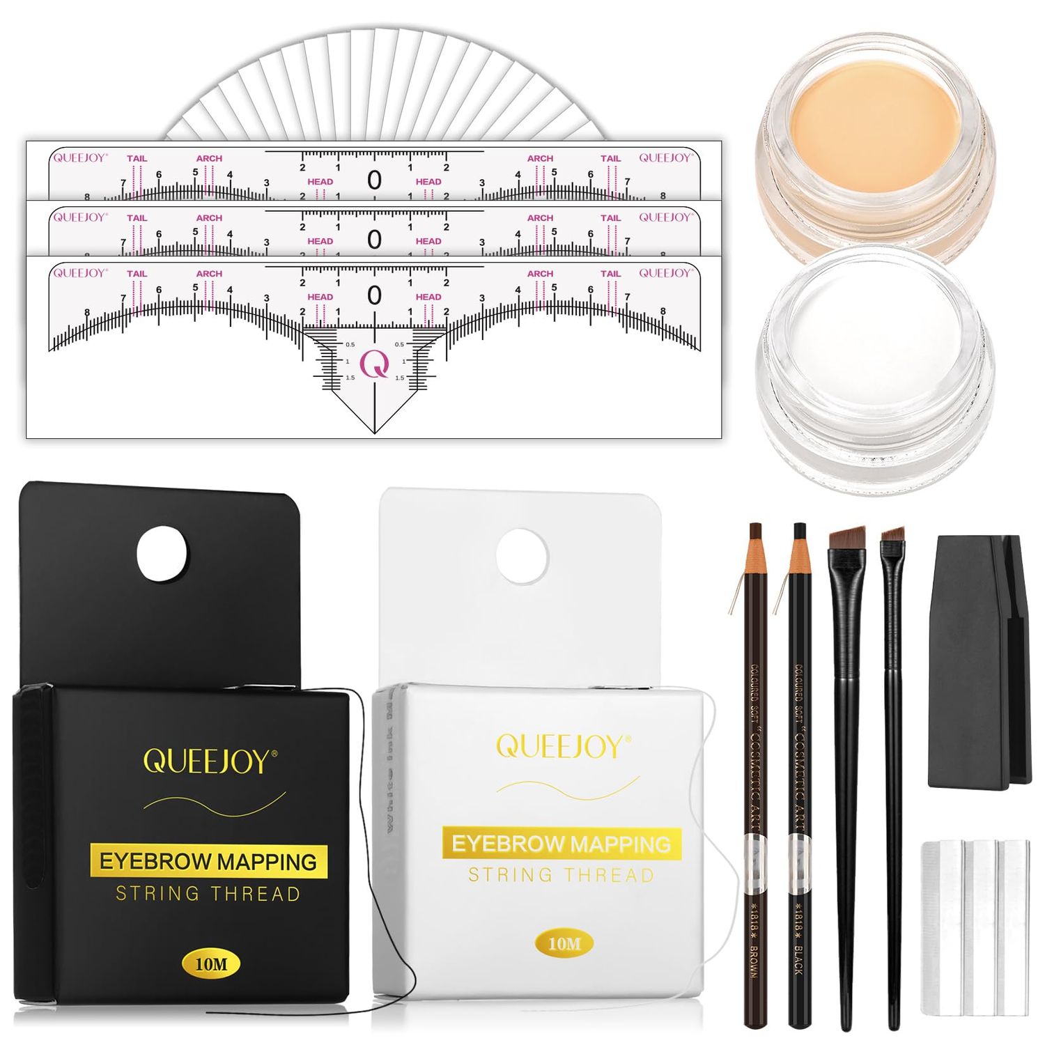 QUEEJOY Brow Mapping Kit includes 10m X Black&amp;White Mapping String, 50pcs Eyebrow Ruler Stickers,White and Light Beige Brow Concealer &amp; 2 Brow Brushes, Eyebrow Pencil Razor Sharpener and Instruction