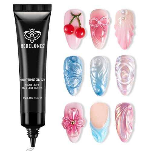 Modelones 3D Nail Gel Art, Sculpting Gel Nail Glue for Nail Charms, Chrome Nail Powder and Rhinestone, 15 g 4 in 1 No Wipe Gel, Nail Art DIY Home for Drawing, Need UV Light Cured