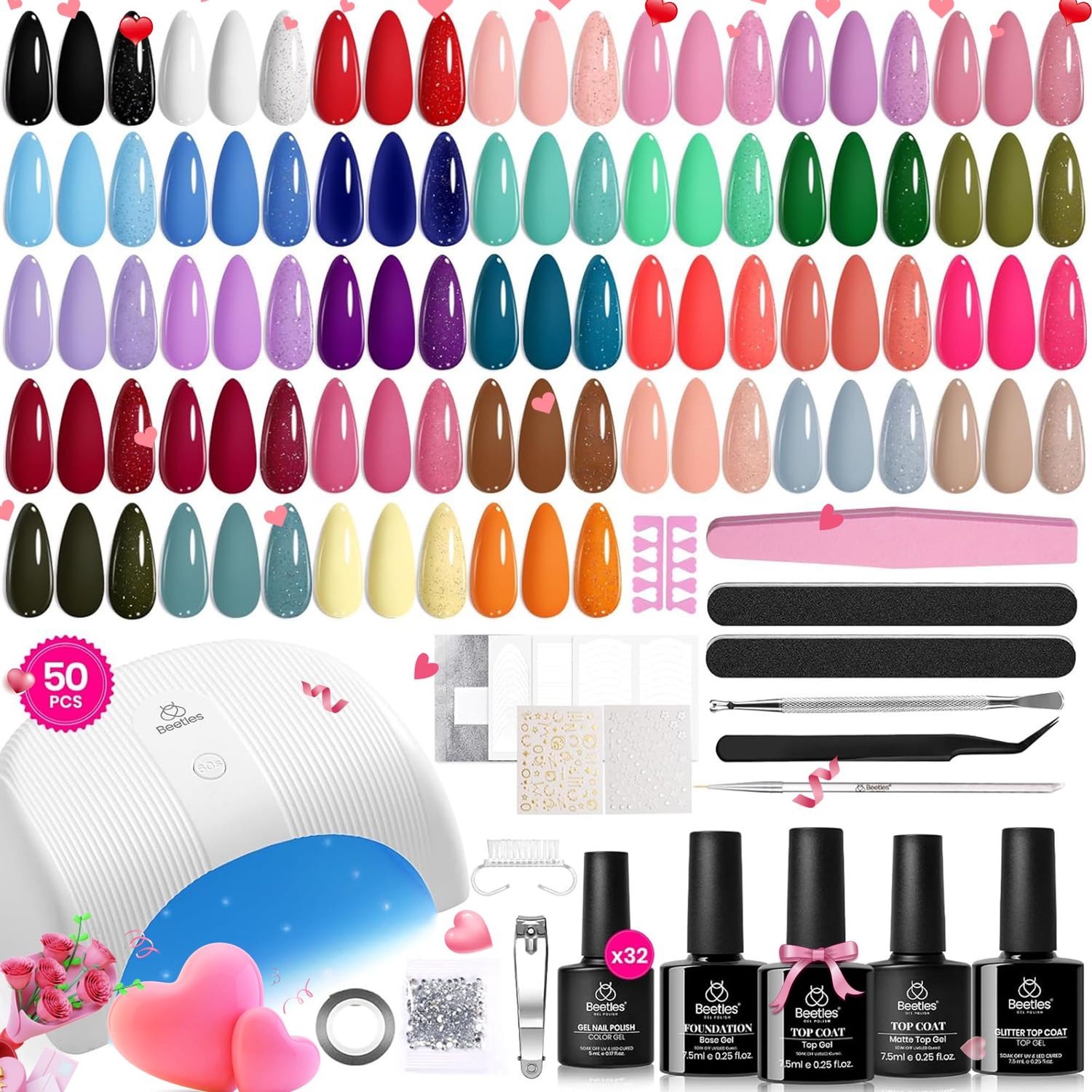 Beetles Gel Nail Polish Kit with U V Light, 32 Colors Gel Polish Nail Kit 50 Pcs Gel Polish Set with Base and Matte&amp;Glossy Top Coat Soak Off Gel Nail Kit Manicure Valentines Day Gifts for Women