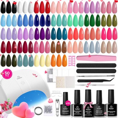 Beetles Gel Nail Polish Kit with U V Light, 32 Colors Gel Polish Nail Kit 50 Pcs Gel Polish Set with Base and Matte&amp;Glossy Top Coat Soak Off Gel Nail Kit Manicure Valentines Day Gifts for Women