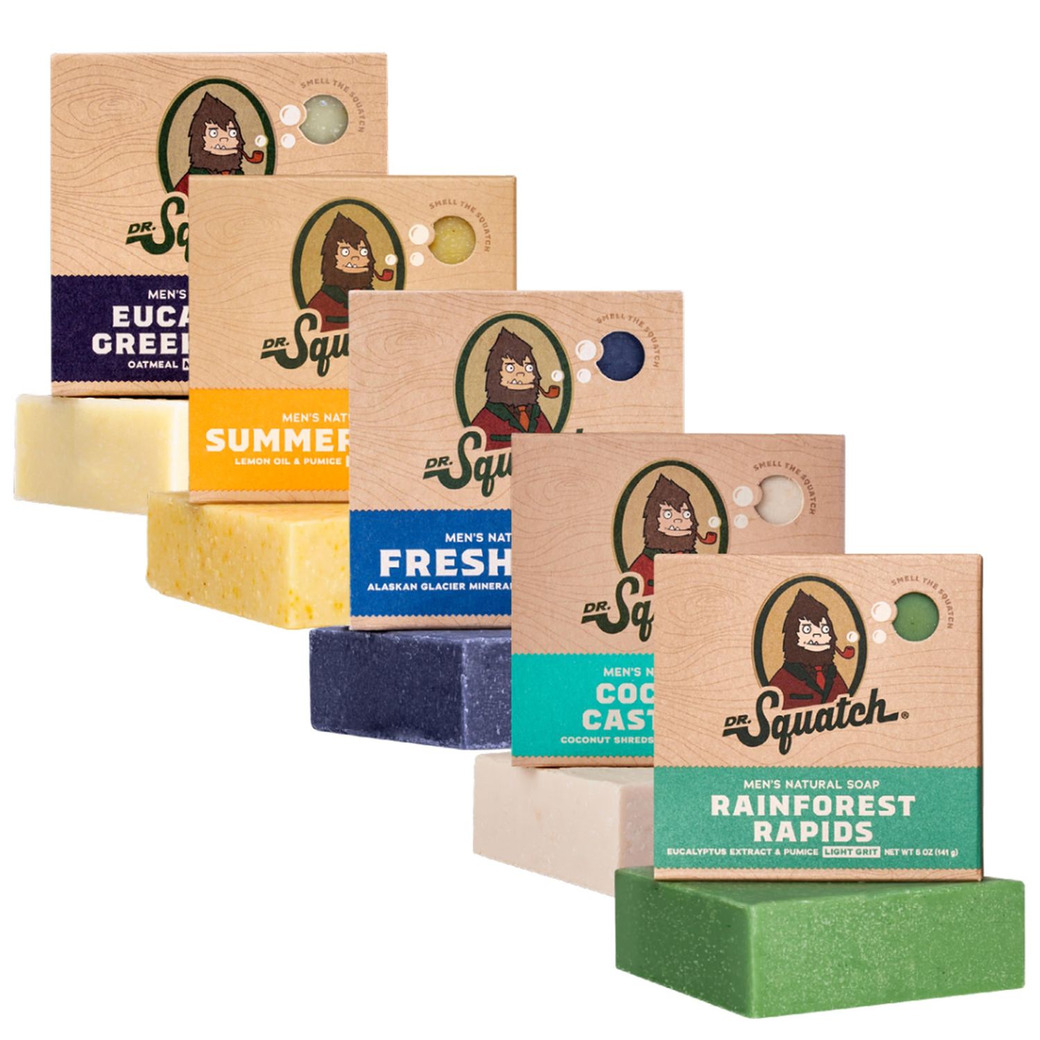 Dr. Squatch All Natural Bar Soap for Men, 5 Bar Variety Pack - Men&#39;s Natural Bar Soap - Rainforest Rapids, Coconut Castaway, Fresh Falls, Summer Citrus, and Eucalyptus Greek Yogurt - Soap Gift