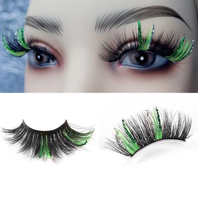 Glitter Lashes 25mm 3D Fluffy Mink Eye Lashes with Color,Colored Eyelashes Dramatic Strip Lashes Manga Lashes Natural Thick Fake Eyelashes 1 Pairs for Halloween Party Stage Cosplay(Black green)