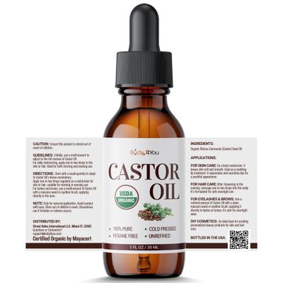 BodyJ4You Organic Castor Oil for Hair Growth Natural Serum for Eyelashes and Eyebrows - Glass Bottle 1 Fl Oz