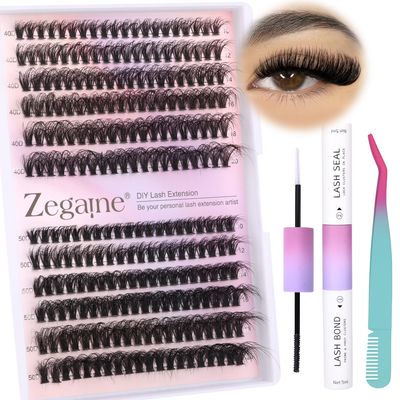 DIY Lash Extension Kit Wispy Mink Lashes Clusters 10-20mm 40D 50D Fluffy Individual Lashes Natural Look with Lash Bond and Seal 240 pcs by Zegaine