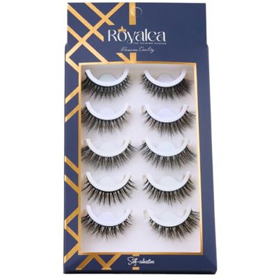 Natural Fiber Self-Adhesive Eyelashes Gift Set - Handmade Vegan Lashes for Beginners, Easy to Use Wispy Falsies -Doll and Cat Eye Lashes, Reusable Strip Lashes by Royalea (5-Pair Variety Pack)