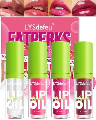 4 Colors Lip Oil Lip Glaze,Hydrating Tinted Plumping Lip Gloss,Clear Pink Shiny Glow Reviver Lip Care Oil,Longlasting Non-sticky Transparent Lip Oil,Valentine&#39;s Day Makeup Gift Kit for Women-SetA