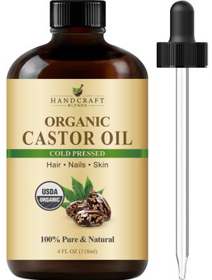 Handcraft Blends Cold-Pressed Organic Castor Oil in Glass Bottle - 4 Fl Oz - 100% Pure and Natural - Premium Grade Oil for Hair Growth, Eyelashes and Eyebrows - Carrier Oil - Hair and Body Oil