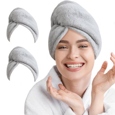 AGLIFEFY 2 Pack Microfiber Hair Towel Wrap for Women Super Absorbent Quick Dry Hair Turban for Drying Curly, Long &amp; Thick Hair 10 inch X 26 inch LightgreyLightgrey