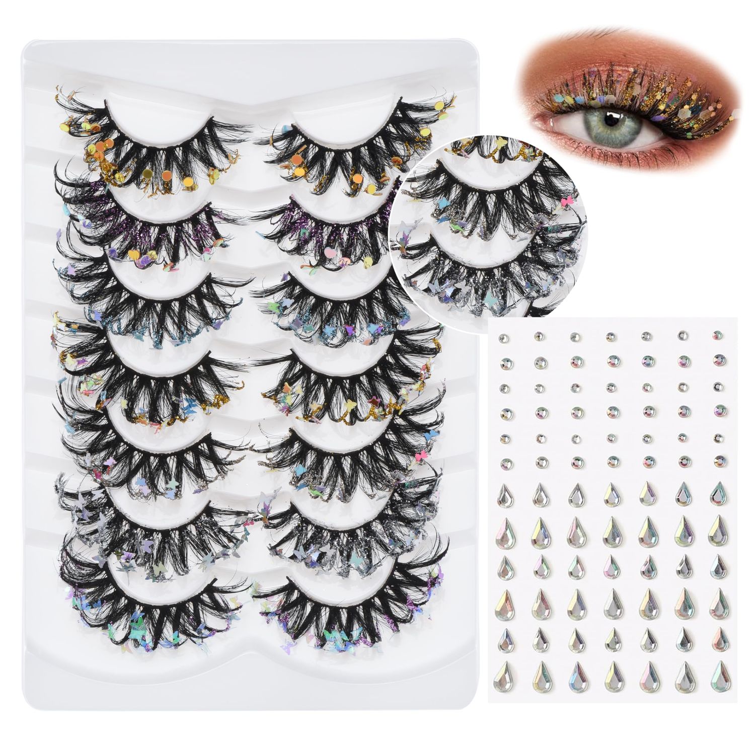 Glitter Lashes with Self Adhesive Face Gems Dramatic Strip Lashes 7 Pairs Butterfly False Eyelashes Glow in the Dark Colored Mink Lashes for Party Cosplay Festival Christmas New Year, by Anforlin