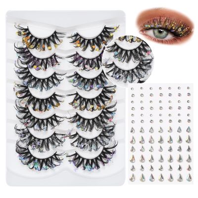 Glitter Lashes with Self Adhesive Face Gems Dramatic Strip Lashes 7 Pairs Butterfly False Eyelashes Glow in the Dark Colored Mink Lashes for Party Cosplay Festival Christmas New Year, by Anforlin