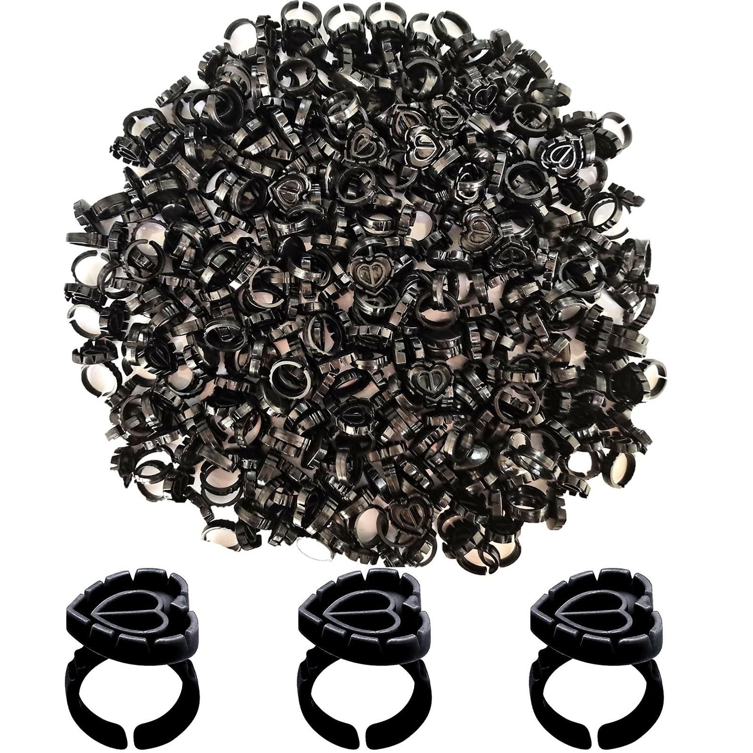 600PCS Glue Rings Lash Rings for Glue, Smart Glue Rings Holder for Eyelash Extensions, Disposable Rings for Lashes, Lovely Shape Lash Fan Blossom Glue Holder Cups for Lash Extension Supplies, Black
