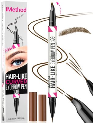 iMethod Curved Eyebrow Pen - Eyebrow Pencil 2-in-1 Dual-Ended Eyebrow Pen with Curved Tip and Precise Brush-Tip, Microblading Eyebrow Pen for Natural Hair-Like Brows, Long Lasting, Dark Brown
