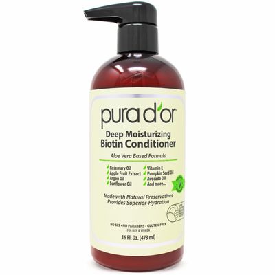 PURA D&#39;OR Deep Moisturizing Biotin Conditioner Thickens, Softens, &amp; Moisturizes Dry, Frizzy, Damaged Hair wArgan Oil, Pumpkin, Rosemary, Honeysuckle, Vitamin E, Men &amp; Women, 16oz