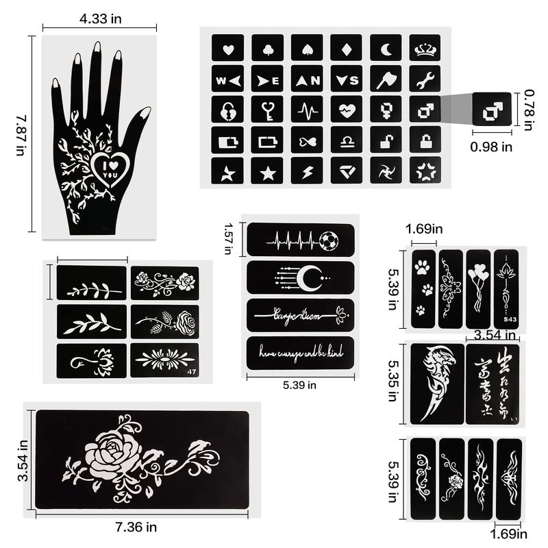Qullue henna tattoo stencils kit henna kit Self-adhesive hand mold, flowers and other motifs are suitable for women, girls and teenagersDIY Body Art Stencils. (henna tattoo stencils kit II)